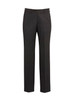 A pair of black flat front slacks featuring a sleek design and a logo on the waistband.