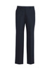 A pair of dark grey flat front pants with a straight leg design and a logo on the waistband.
