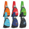 A collection of colourful sling bags in orange, teal, grey, blue, and black, each featuring a logo.