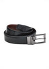 A black and brown reversible leather belt with a sleek silver buckle and branding detail.