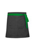 A black waist apron with a vibrant green tie, featuring a pocket on the front. It has a logo on the fabric.