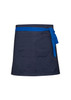 A navy waist apron with a blue tie, featuring a large front pocket and a plain design.