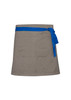 A grey waist apron with a blue tie, featuring a pocket on the back. Includes a small logo detail.