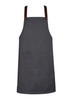 A grey apron with brown straps and a front pocket, featuring a logo on the strap.