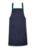 A navy blue apron with green straps and a front pocket, featuring a logo on one side.