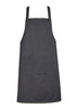 A dark grey bib apron featuring a front pocket and adjustable straps, with a small logo on one side.