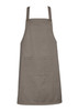 A khaki apron with adjustable straps and a front pocket, featuring a logo. Suitable for various workwear settings.