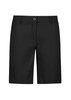 A pair of black chino shorts featuring a front button closure and pockets. The shorts have a sleek, tailored design.