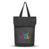 A black cooler bag with a fold-over top, featuring a logo with colourful human figures.