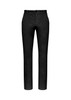 A pair of black chino pants with a straight leg design and a button closure. Features a logo.