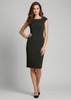 A fitted black dress with cap sleeves and a below-the-knee length, featuring a sleek design and side pockets.