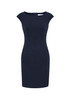 A fitted navy Audrey dress with cap sleeves and a back zip closure, featuring a sleek, streamlined silhouette.