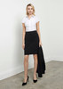 A fitted black skirt paired with a white blouse and black heels, featuring a simple design and professional look.