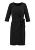 A black women's dress with a tie detail at the waist and three-quarter sleeves. It features a wrap style design.