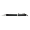 A black metal pen with silver accents, featuring a stylus tip and a branding logo.