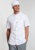 A white short sleeve chef shirt with a pocket, styled with a matching chef hat and checkered pants.