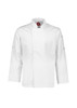 A white long sleeve chef jacket featuring a collar and a logo on the chest. Suitable for culinary uniforms.