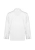 A white long sleeve chef jacket featuring a high collar and side slits, with a logo on the back.