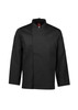 A black long sleeve chef jacket with a Mandarin collar and logo on the sleeve.