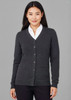 A women's dark grey button-front knit cardigan with two front pockets and a V-neckline.
