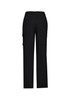 Black women's comfort waist cargo pants with side pockets and a simple design, featuring a logo on the waistband.