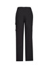 A pair of black women's cargo pants featuring a comfort waist design and side pockets. Includes a logo.