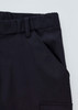 A close-up of black men's comfort waist cargo pants featuring side pockets and a sturdy waistband.