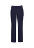 Navy cargo pants featuring multiple pockets and a comfortable waist design. The pants have a branded logo.