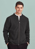 A men's zip-front jumper in dark grey, featuring a high collar and a slim-fit design, with a subtle logo.