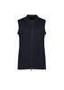 A sleeveless black vest featuring a zip front and a subtle texture, designed for women's wear.