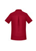 A maroon women's short sleeve shirt featuring a back pleat and a collar. The shirt has a brand logo.