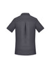 A plain short sleeve shirt in dark grey, featuring a back pleat and a collar, includes a logo.