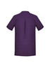 A plain purple women's tunic with a back pleat design and short sleeves. It features a branding logo.