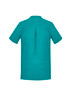 A turquoise women's tunic with short sleeves and a back pleat, featuring a logo.
