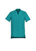 A women's tunic in teal with a white daisy print, featuring a short collar and short sleeves. It has a logo.
