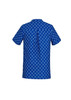 A blue tunic featuring a white daisy print, designed with short sleeves and a buttoned back. It has a logo.