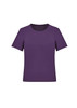 A purple short sleeve jersey top with a round neckline, featuring a simple design and a logo.