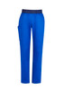 A pair of women's straight leg scrub pants in vibrant blue, featuring a side pocket and an elastic waistband.