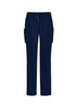 Navy blue women's straight leg scrub pants featuring side pockets and a drawstring waistband. Includes branding.