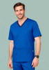 A male model wearing a blue scrub top with a V-neck design and a pocket, featuring a logo.