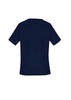 A navy scrub top with short sleeves and a simple design, featuring a logo on the back.