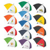 A selection of brightly coloured umbrellas featuring various logos, arranged in a grid pattern.