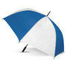 A blue and white sports umbrella with a curved handle and a logo on the shaft.