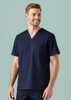 A navy men's scrub top featuring a v-neck design and a pocket, suitable for medical uniforms.