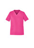 A unisex pink V-neck scrub top featuring short sleeves and multiple pockets.