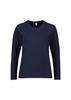 A navy long sleeve women's performance tee with a rounded neckline and raglan sleeves. Features a logo on the garment.