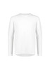 A white long sleeve t-shirt with a round neckline and a logo on the chest area.