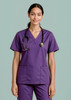 A purple women's scrub top with short sleeves and a V-neck, featuring pockets and a stethoscope.
