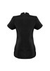 A black women's tunic featuring short sleeves and a back zip, designed for spa uniforms. It has side slits for ease of movement.