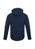 A soft shell jacket in navy blue featuring a hood and a logo on the sleeve.